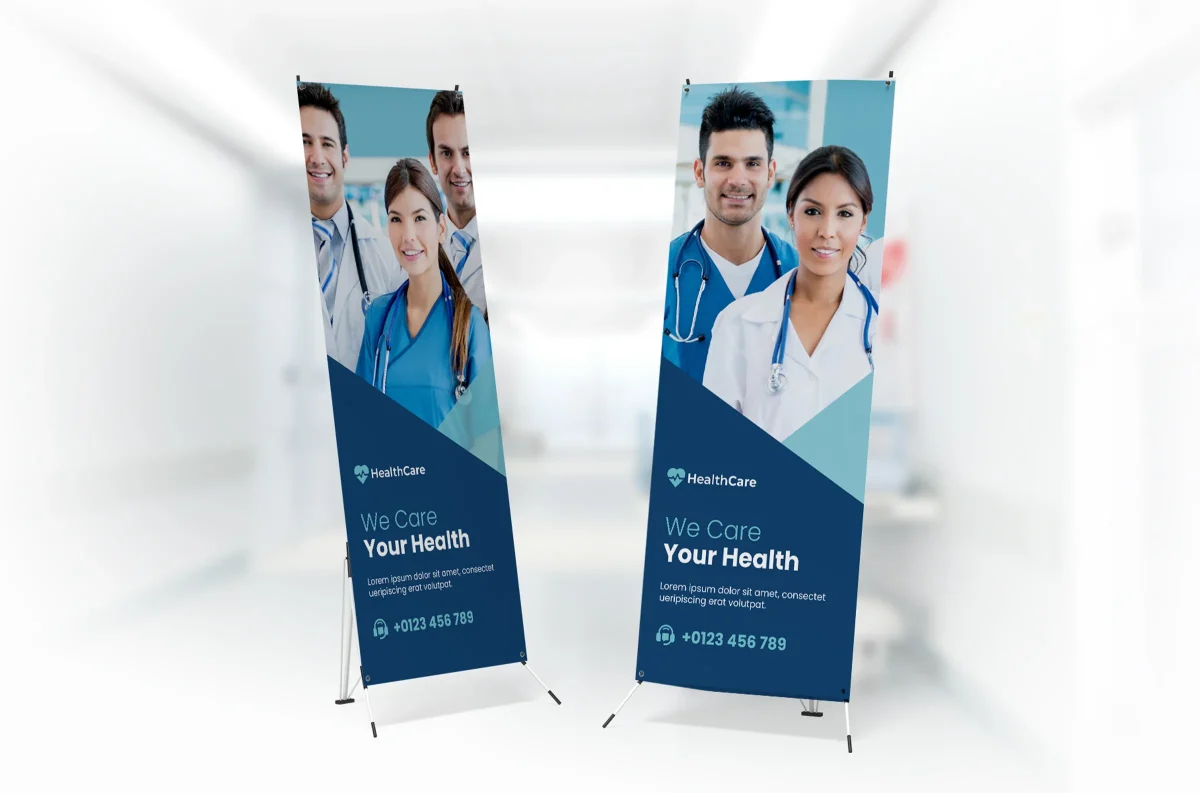 Vertical healthcare marketing banners featuring medical professionals, ideal for clinics, health fairs, and hospital outreach events.