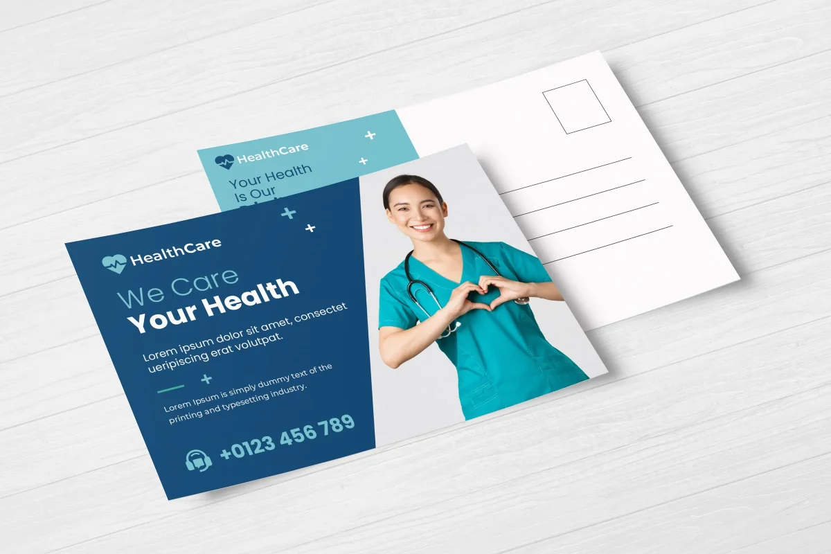 Custom healthcare postcard design featuring smiling nurse and contact info, ideal for patient appointment reminders and home healthcare marketing campaigns.