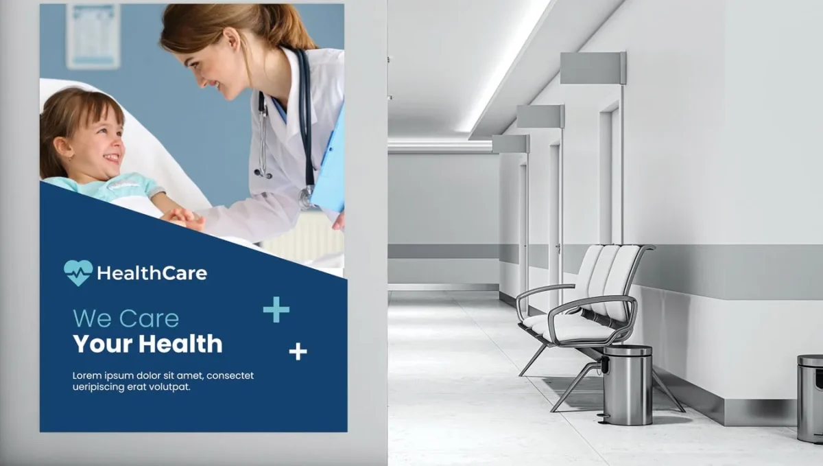 Custom healthcare signage displayed in hospital hallway and patient room, designed to improve wayfinding and patient communication.