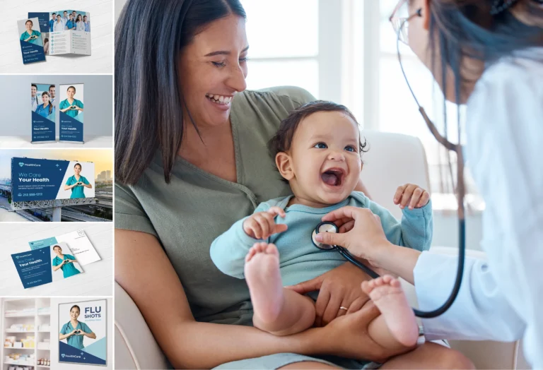 Mother and baby smiling during checkup with doctor, surrounded by healthcare brochures, postcards, and banners designed for patient communication and home healthcare marketing